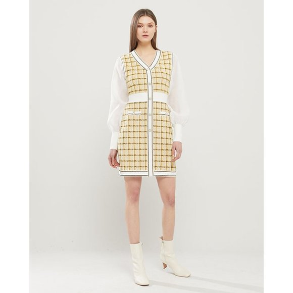 Egoist Korean high brand K-pop star Yellow tweed mini dress size 55/S NWT - Picture 1 of 12